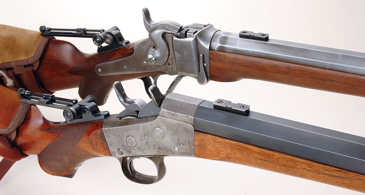 During his many years of BPCR Silhouette competition, Mike was lucky enough to find these two original actions and buttstocks. The Sharps (top) was a Long Range No. 2 and the Remington Rolling Block (bottom) was a Creedmoor. Mike had Kieger barrels chambered for 45-90 on both.